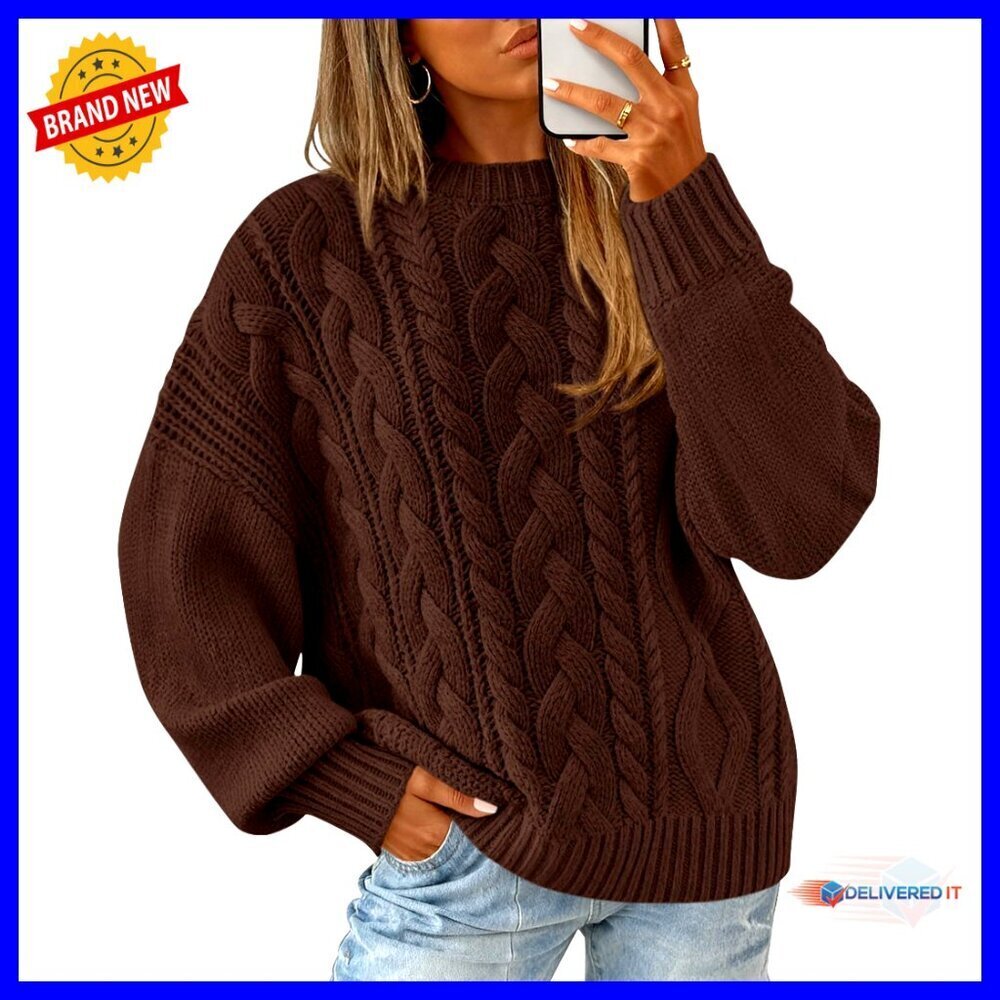 Oversized Cable Knit Pullover Chunky Sweater Batwing Sleeve Crewneck Fall Winter